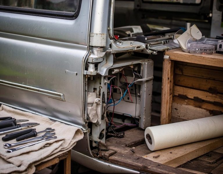 Reparatur eines Campers Ein silbernes Fahrzeug mit offenen Türbereichen und Werkzeugen auf einem Tisch.
